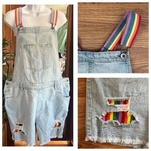 Denim Shortalls Women's L | Rainbow Straps Pride Overalls Festival Cute 90s Y2K
